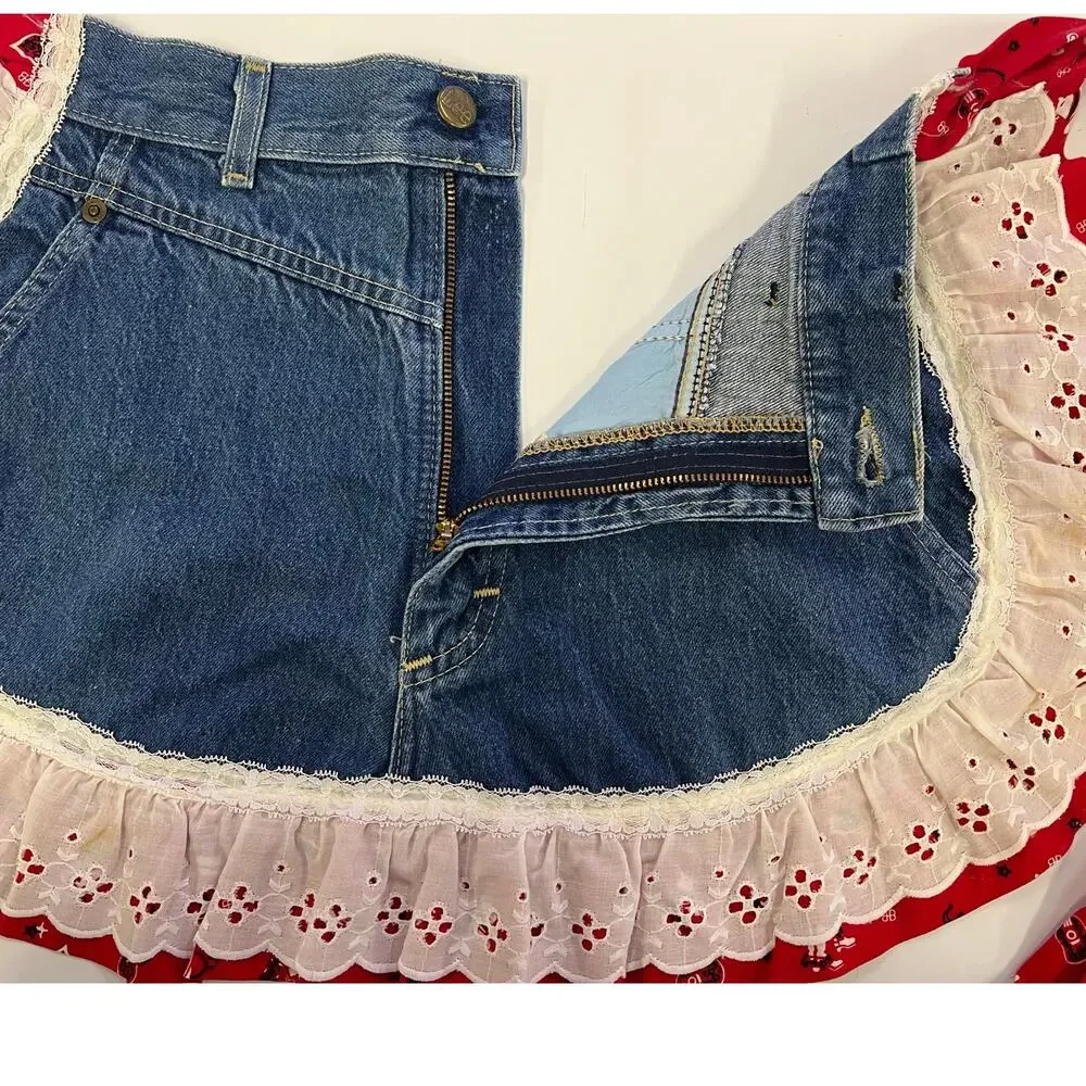 Vintage Homemade Apron Denim - Lace & Red Western Ruffle Waist one of a Kind - Picture 3 of 8